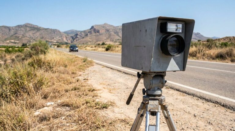Radar móvil sobre trípode en el arcén de una carretera secundaria