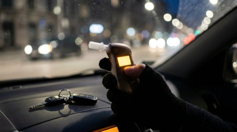 Alcoholímetro personal con boquilla en la mano de un conductor dentro del coche