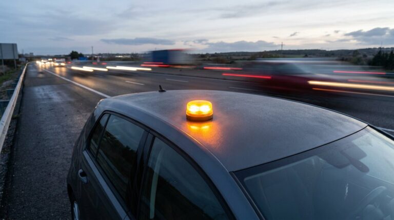Baliza V16 encendida sobre el techo de un coche parado en el arcén de una autovía