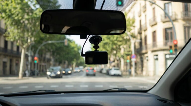 Cámara de coche (dashcam) instalada en el parabrisas, detrás del retrovisor
