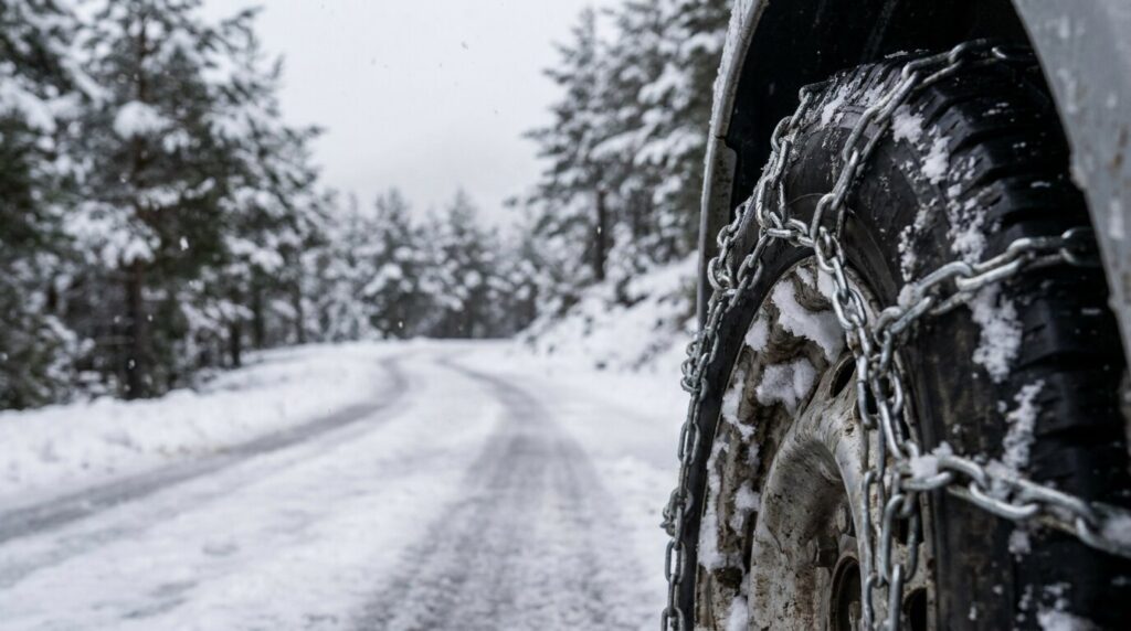 Cadenas de nieve metálicas montadas en la rueda de un coche en una carretera nevada