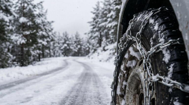 Cadenas de nieve metálicas montadas en la rueda de un coche en una carretera nevada