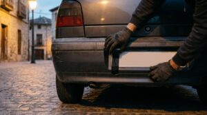Manos con guantes tapando con cinta la matrícula de un coche aparcado